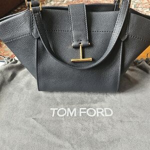 Tom Ford Black Pebbled Leather Tote with Gold T-Bar Detail